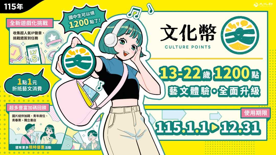 115年文化禮金發放，13～22歲每人1,200點文化幣