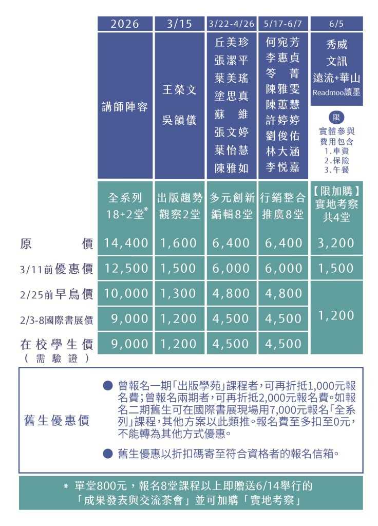 2026 紀州庵出版學苑-價目表