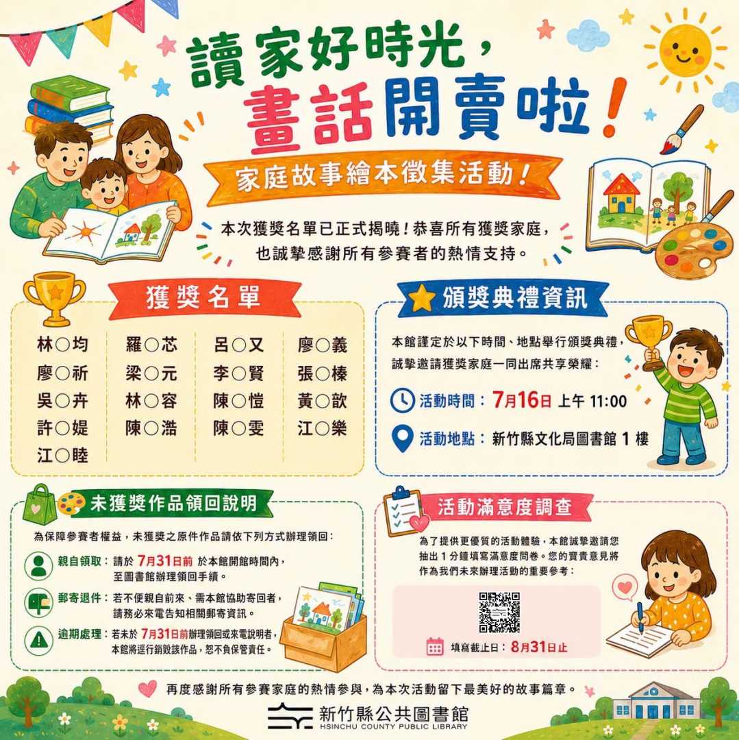 【得獎名單】「讀家好時光，畫話開賣啦！」家庭故事繪本徵集活動結果出爐暨作品領回通知